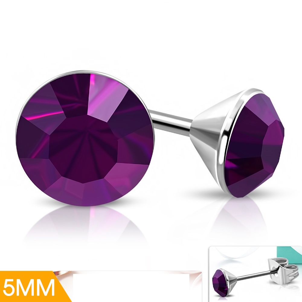 Stainless Steel Bezel-Set Round Circle Stud Earrings with Amethyst Stellux Crystals pair Stainless Steel Bezel-Set Round Circle Stud Earrings with Amethyst Stellux Crystals pair